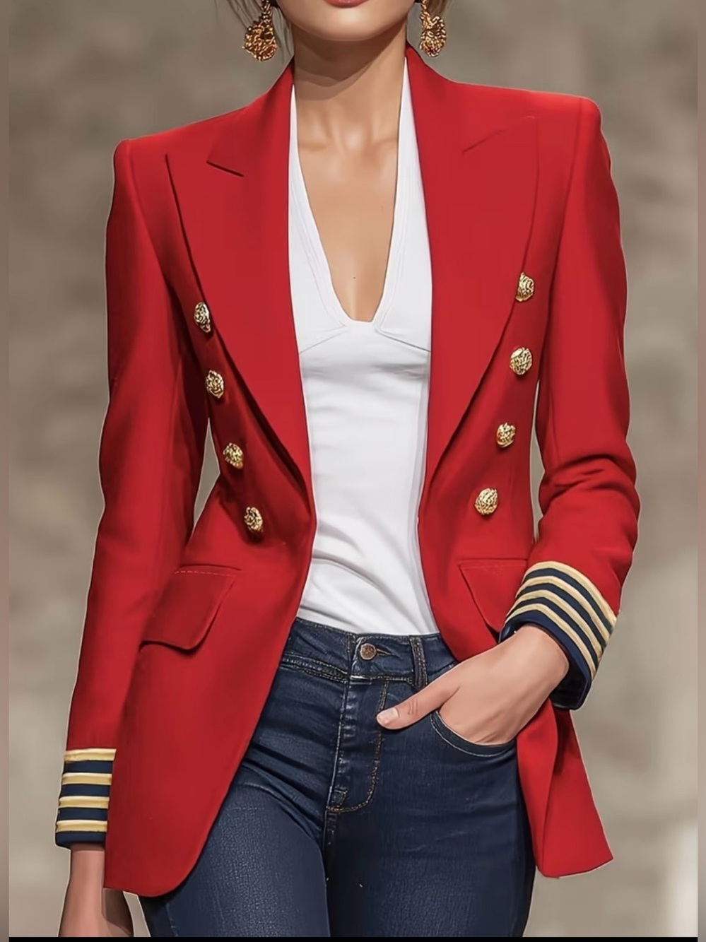 Red Double-Breasted Women's Blazer with Gold Buttons Size L